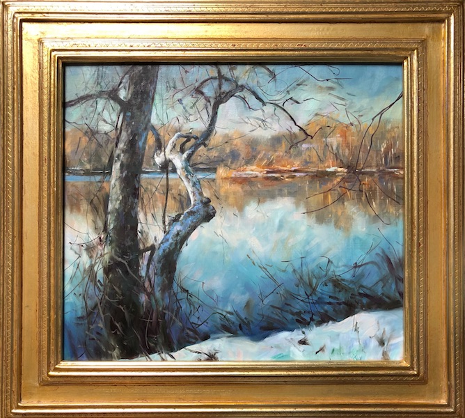 SNOW ON THE RIVER by Glenn Harrington - 14 x 16 inches, oil on linen on board, shown in custom Madary frame • SOLD