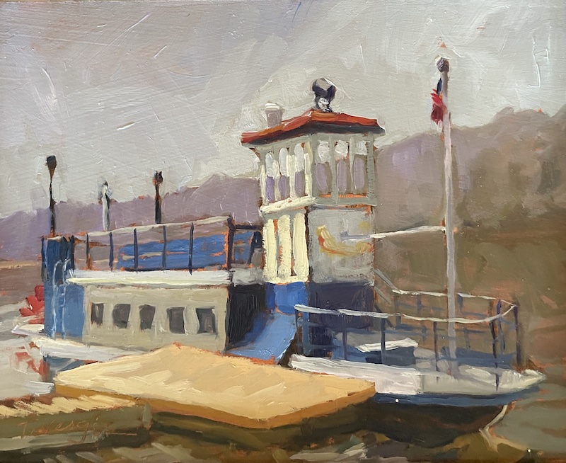 SPLASH (the steam engine paddle boat, Lambertville, NJ) by Trisha Vergis - 8 x 10 inches, oil on board • SOLD
