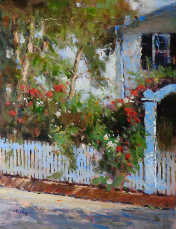 CLIMBING ROSES, MARTHA'S VINEYARD by Jim Rodgers - 16 x 12 inches, oil on board • $2,500