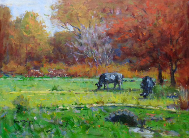 COWS IN AUTUMN by Jim Rodgers - 12 x 16 inches, oil on board • $2,500