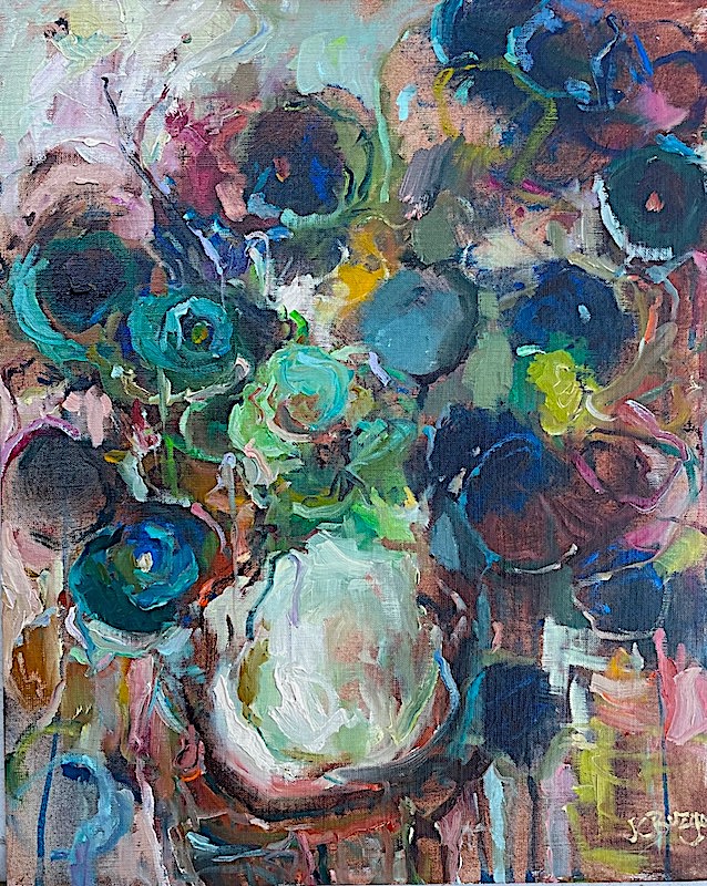 FADING FLOWERS by Jean Childs Buzgo - 20 x 16 inches,  mixed media on canvas board • $2,200