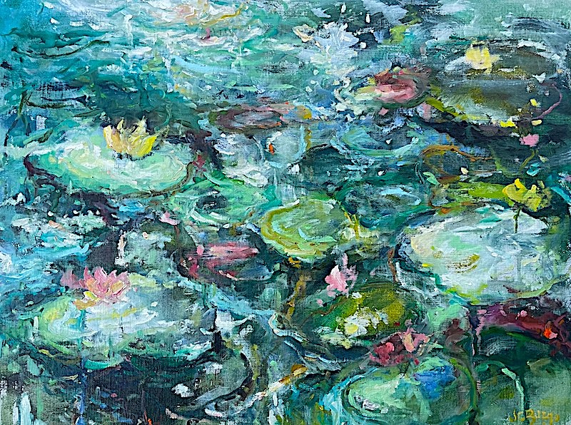 REFLECTING AT THE LILY POND by Jean Childs Buzgo - 18 x 24 inches, mixed media on canvas board • $2,800