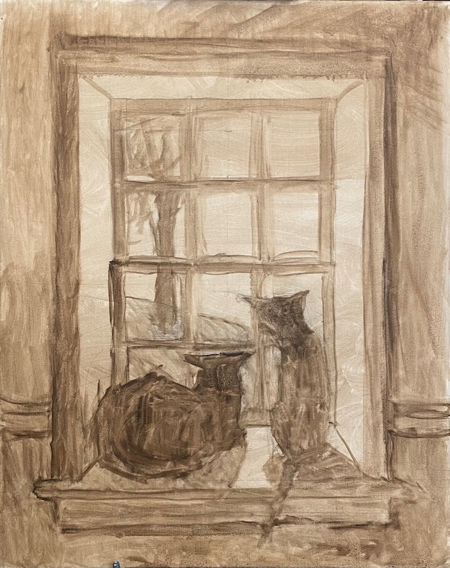 The oil sketch done for TWO CATS IN THE FARM HOUSE WINDOW by Trisha Vergis!