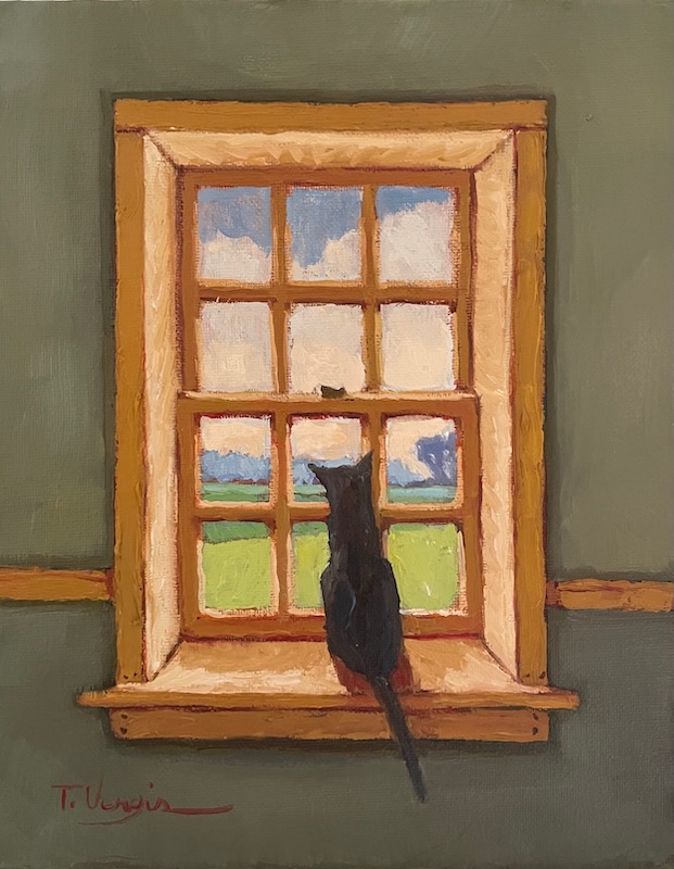 TUCKER IN THE FARM HOUSE WINDOW by Trisha Vergis - 10 x 8 inches, o/cb • SOLD
