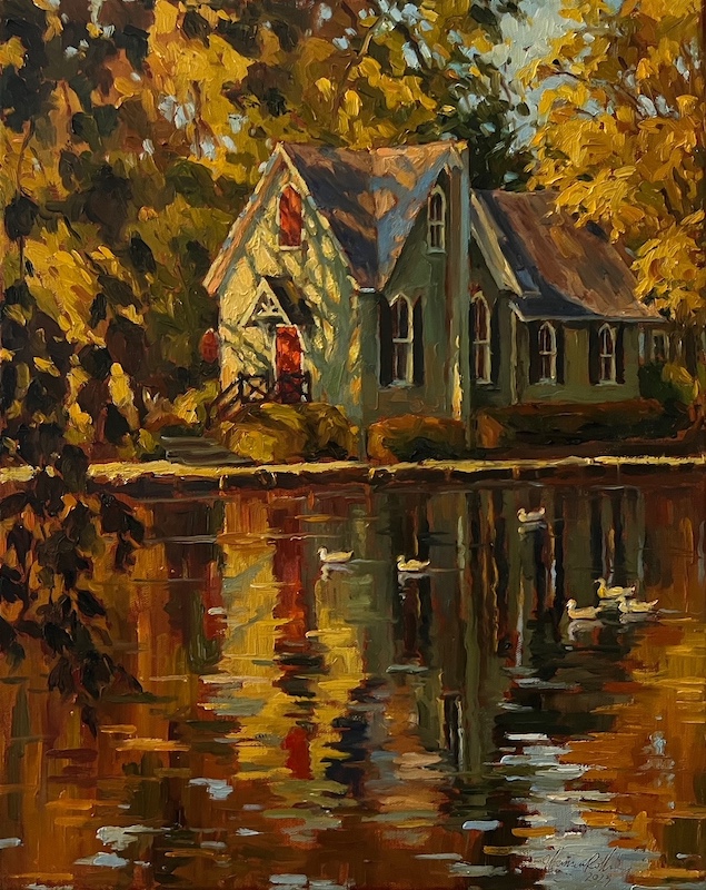 Cover of the 2023 Fall issue of Bucks Co. Magazine:   THE OLD LIBRARY, EARLY AUTUMN (Yardley) by Jennifer Hansen Rolli - 20 x 16 inches, oil on canvas • $5,200