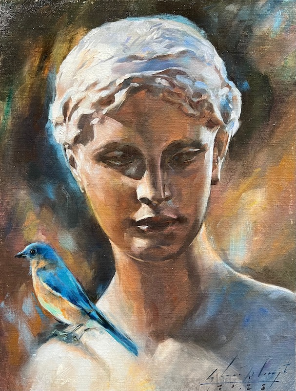 VENUS AND THE BLUEBIRD - 12 x 9 inches, oil on linen on board • $4,000