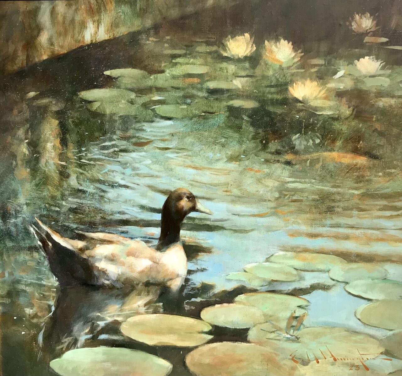 DUCK and LILIES by Evan Harrington - 18 x 20 inches, oil on linen on board • $5,000