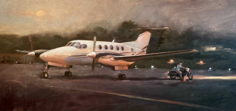 KING AIR by Evan Harrington - 11 x 23 inches, oil on linen on board in custom Madary frame • $4,000