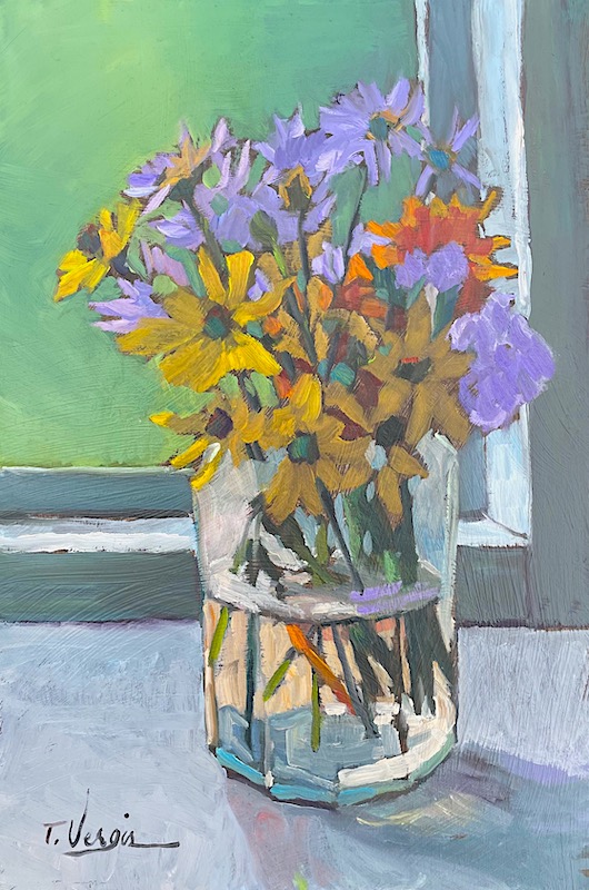 FLOWERS IN THE FARMHOUSE WINDOW by Trisha Vergis - 12 x 8 inches, oil on board • $1,600