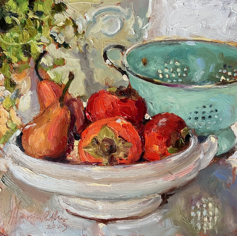PERSIMMONS and PEARS by Jennifer Hansen Rolli - 6 inches square, oil on board • SOLD