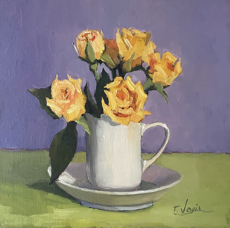 YELLOW ROSES IN PORCELAIN CUP by Trisha Vergis - 10 x 10 inches, oil on canvas board • $1,600