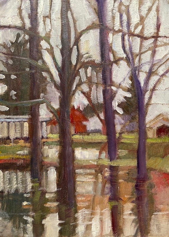 BETWEEN THE DECEMBER RAIN by Trisha Vergis - 11 x 8 inches, oil on board • $1,600