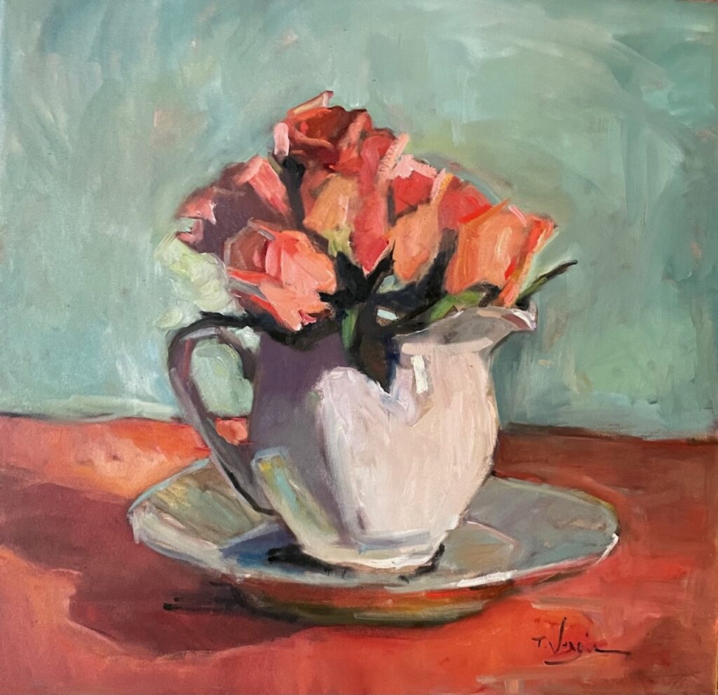 BLUSH ROSES IN CREAMER II by Trisha Vergis - 30 x 30 inches, oil on canvas • $4,800