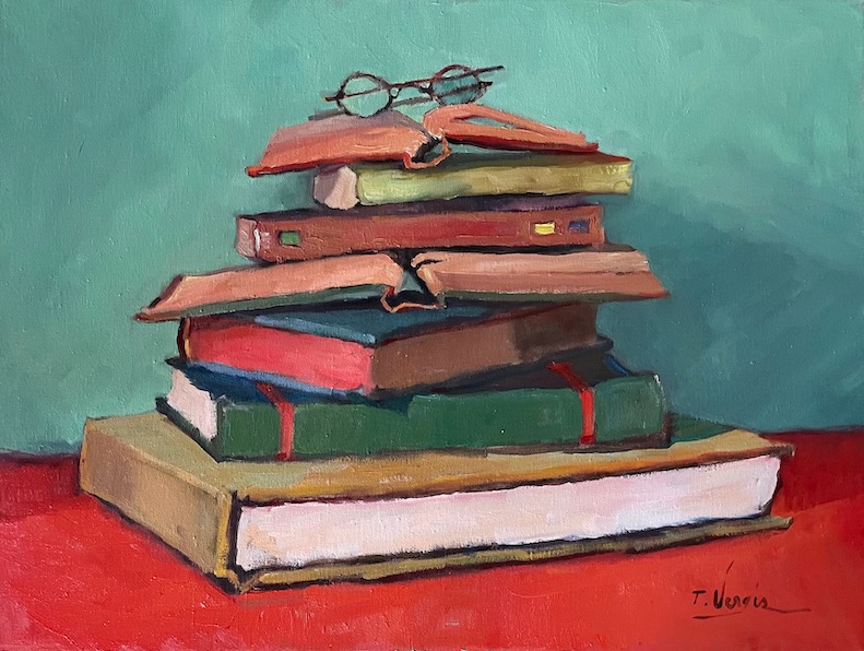 Check out:  BOOKS ON COLOR II by Trisha Vergis - 18 x 24 inches, oil on canvas • $3,500