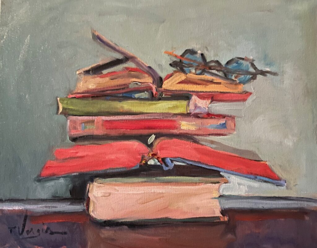 Brand new:  BOOKS ON COLOR by Trisha Vergis - 16 x 20 inches, oil on canvas • SOLD