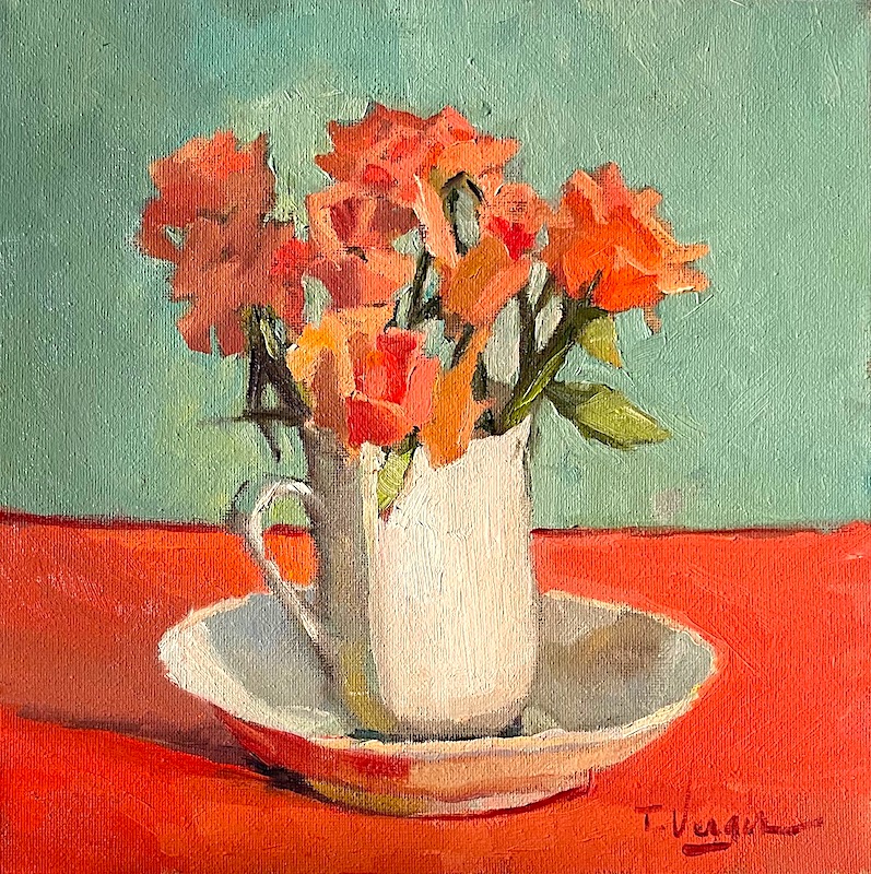 PEACH SPRAY ROSES by Trisha Vergis - 10 x1 0 inches, oil on canvas • $1,600
