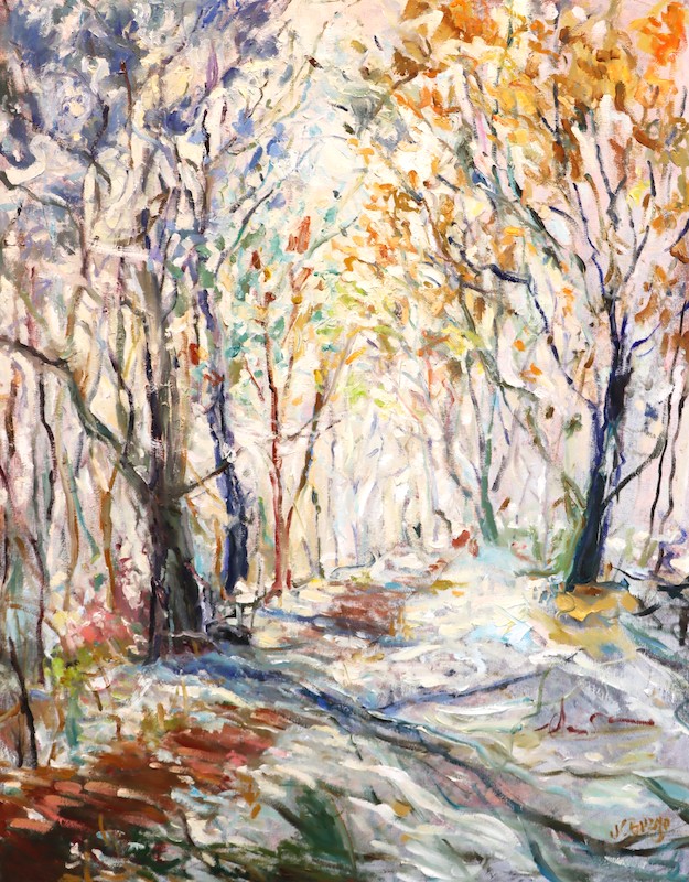 A new arrival!  WINTER STROLL by Jean Childs Buzgo - 28 x 22 inches, mixed media on canvas • $4,200