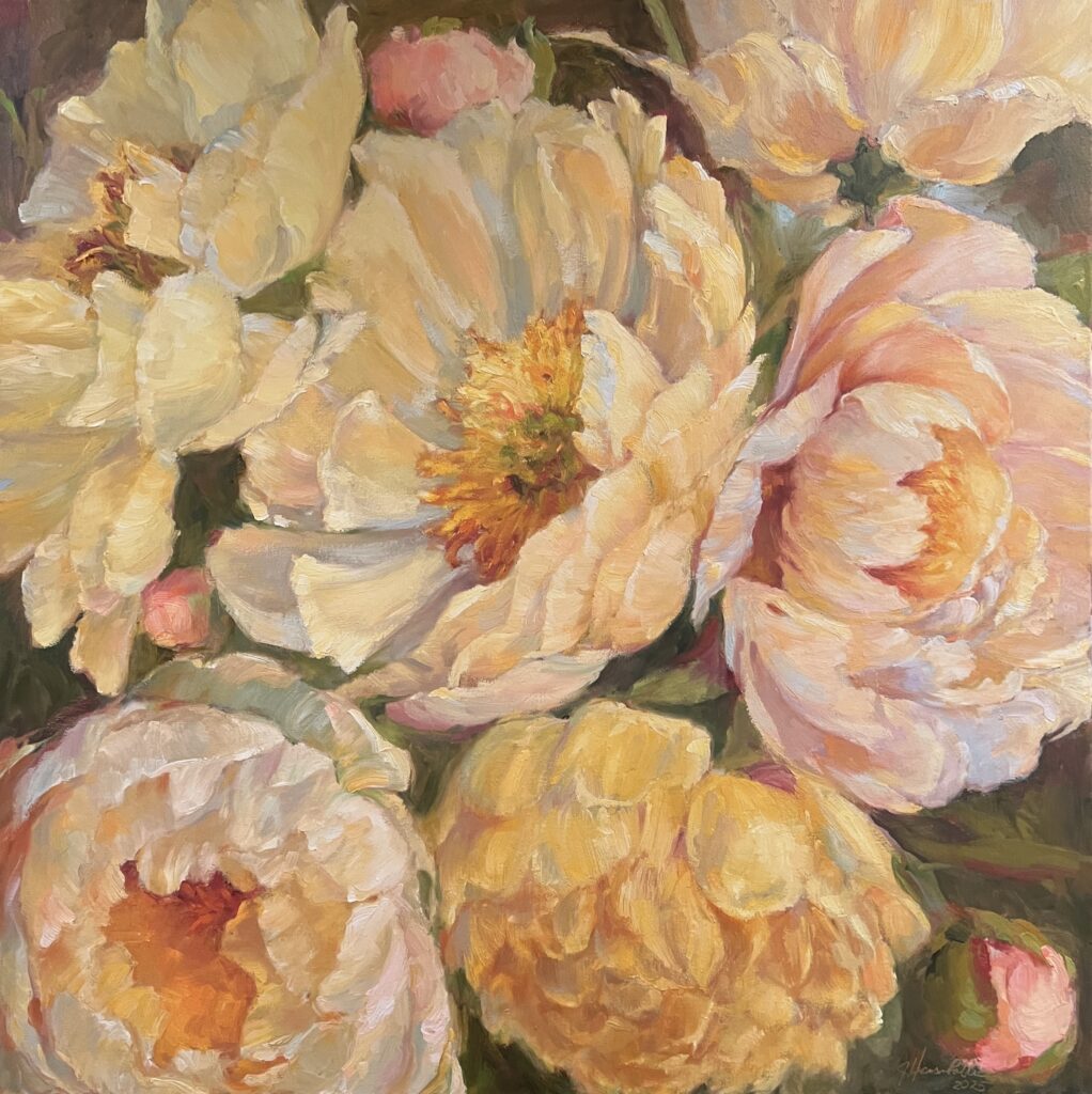 PEONIES OF YELLOW by Jennifer Hansen Rolli - 30 x 30 inches, oil on canvas • SOLD • Held in private collection, Sergeantsville, NJ
